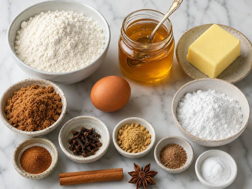 Raw ingredients for honey gingerbread pierniczki including honey, spices, flour and butter
