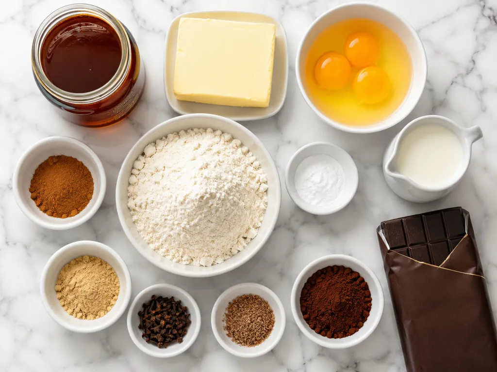 Raw ingredients for spiced honey gingerbread cake including honey, spices and butter