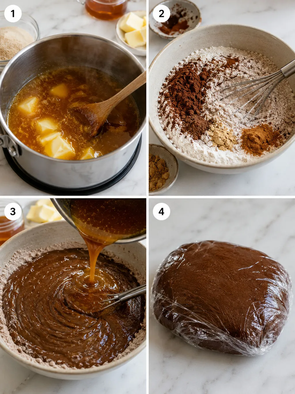 Four steps of making spiced honey gingerbread cake from batter to wrapping for resting