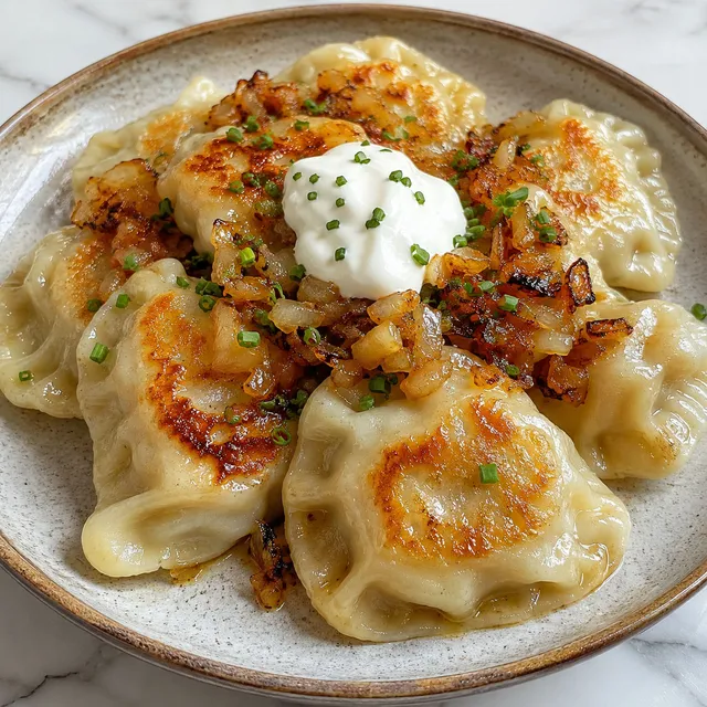 Podsmażane pierogi ruskie z cebulką i śmietaną na talerzu