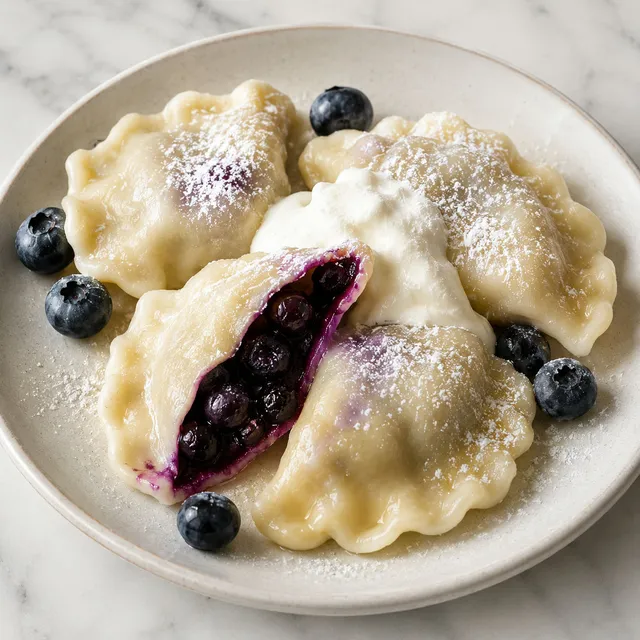 Pierogi z jagodami polane śmietaną i posypane cukrem pudrem na talerzu