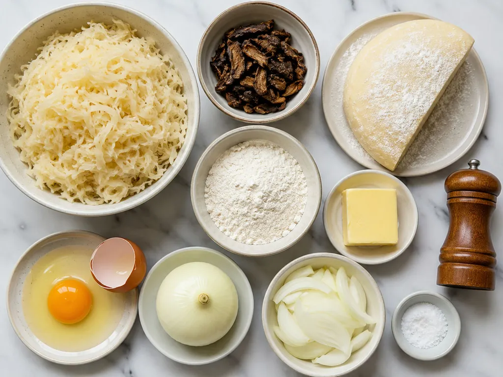 Raw sauerkraut, dried mushrooms, dough, egg, onion and butter for pierogi