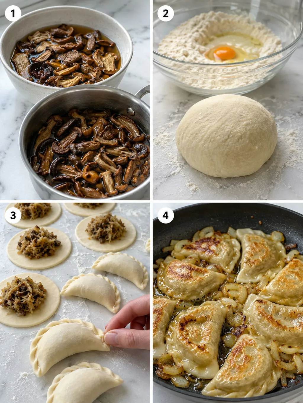 Four steps of making pierogi from rolling dough to pan-frying with onions