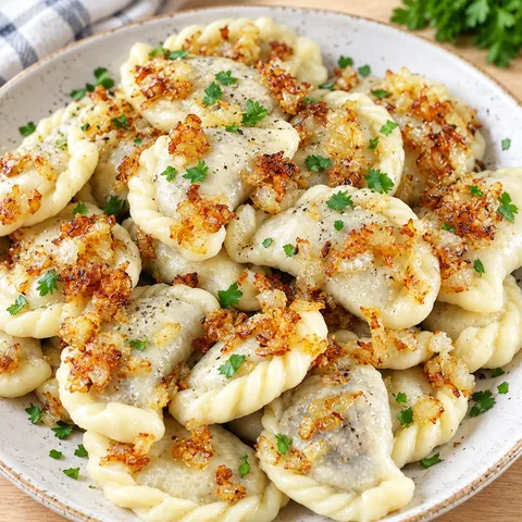 Pierogi z kaszą gryczaną i grzybami z cebulką na jasnym talerzu