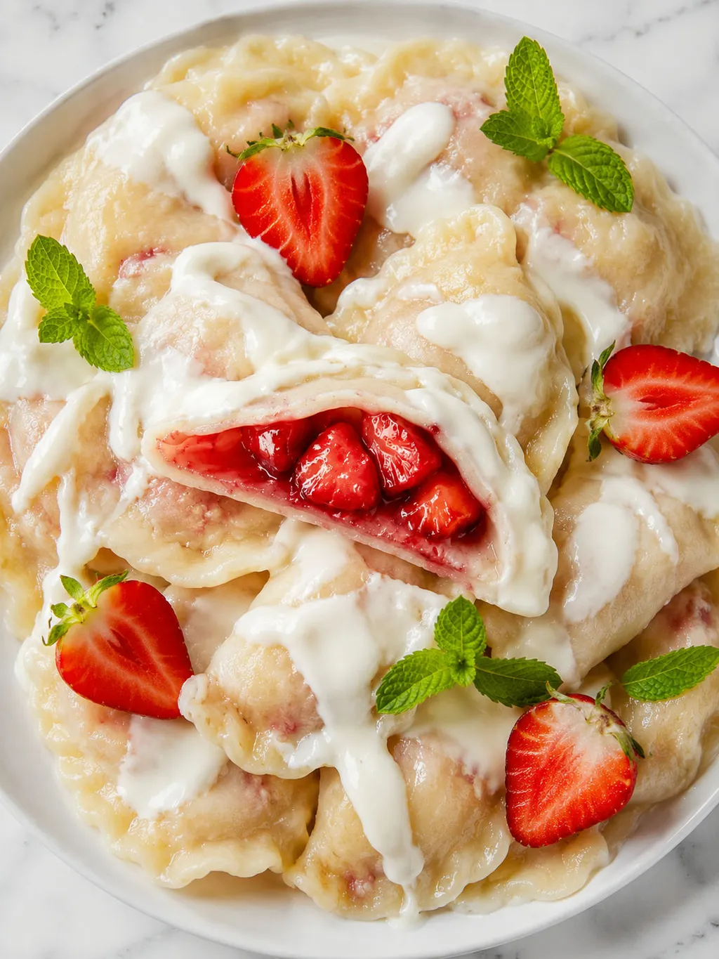 Pierogi z truskawkami przekrojone na talerzu z gęstą śmietaną