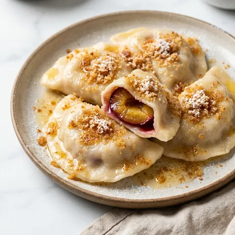 Pierogi ze śliwkami polane rumianym masłem z bułką tartą i cukrem pudrem