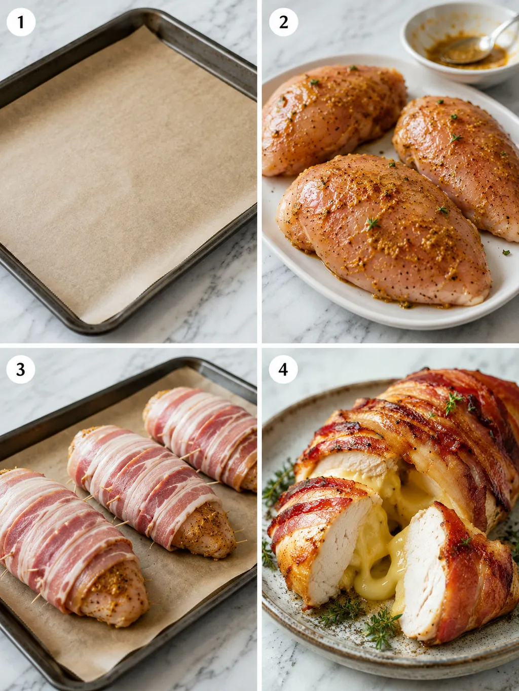 Four steps of preparing and baking bacon-wrapped chicken breast stuffed with cheese