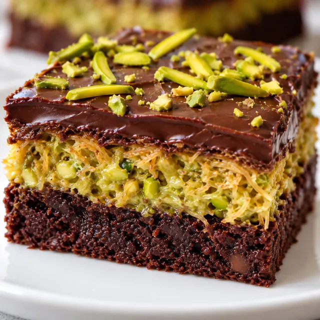 Kwadrat dubajskiego brownie z warstwą pistacjową i kataifi na białym talerzu