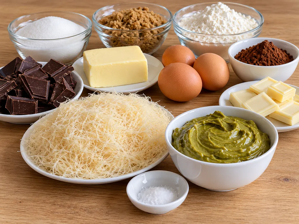 Surowe składniki na dubajskie brownie: czekolada, kataifi, pasta pistacjowa i jajka