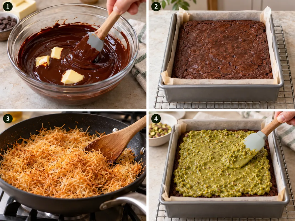 Cztery etapy przygotowania dubajskiego brownie od masy czekoladowej do nadzienia pistacjowego