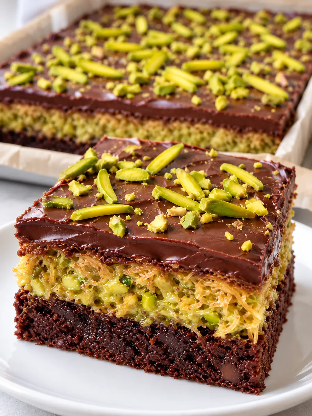 Cały blat dubajskiego brownie i jeden odkrojony kwadrat z widoczną pistacjową warstwą