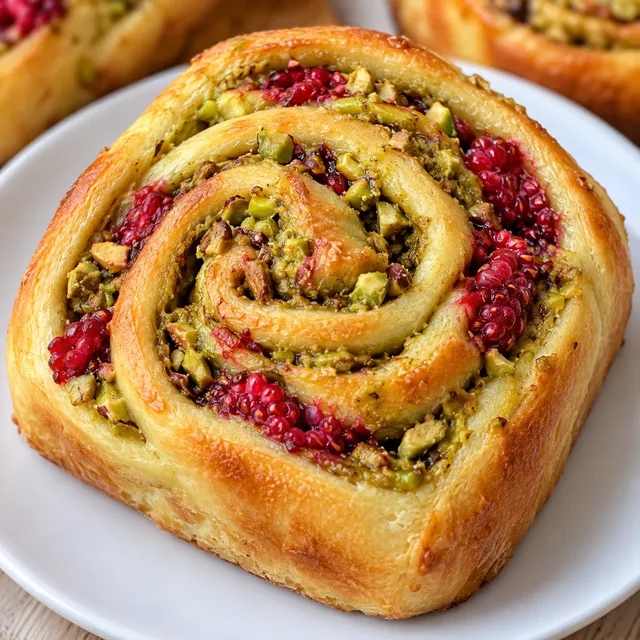 Drożdżowy rollsy pistacjowy z malinami na białym talerzu