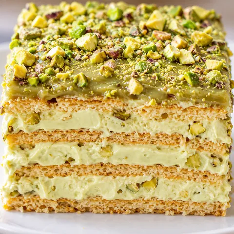Kwadratowy kawałek eklerka pistacjowego z warstwami krakersów i kremu pistacjowego