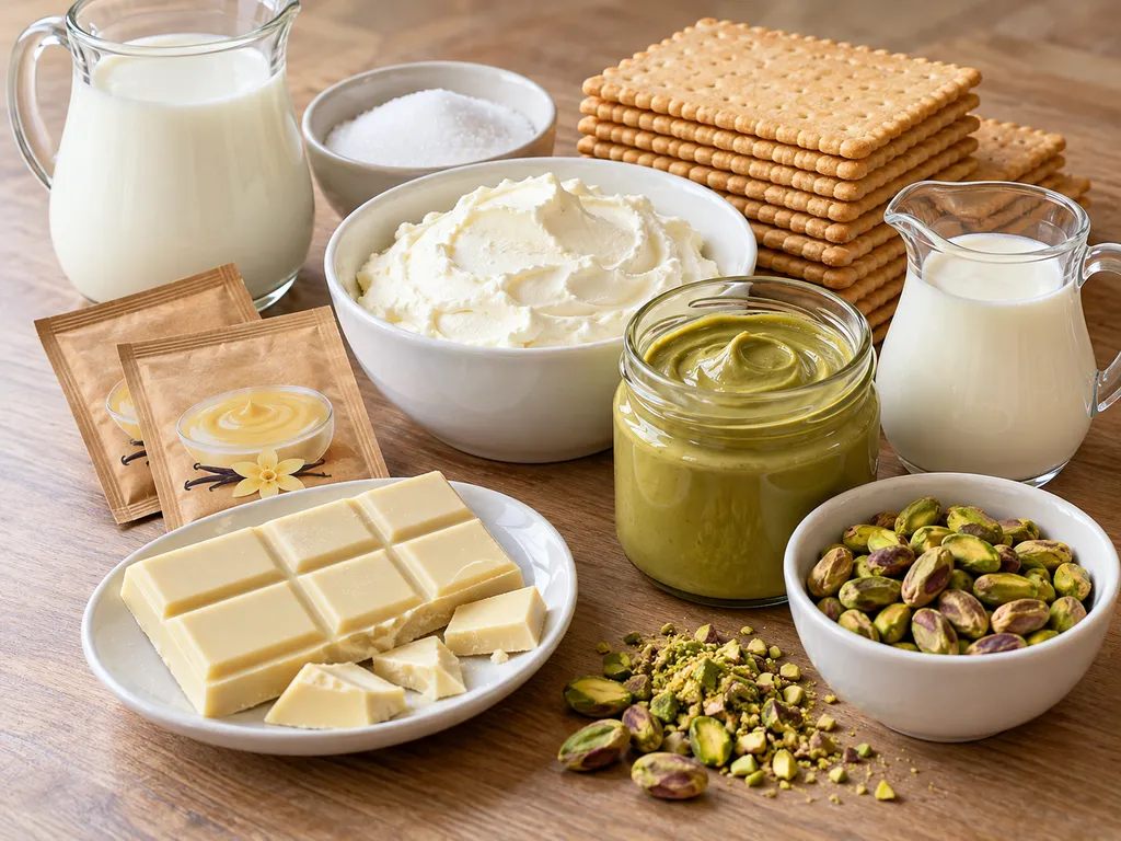 Surowe składniki na eklerek pistacjowy, w tym mleko, mascarpone, pasta pistacjowa i krakersy