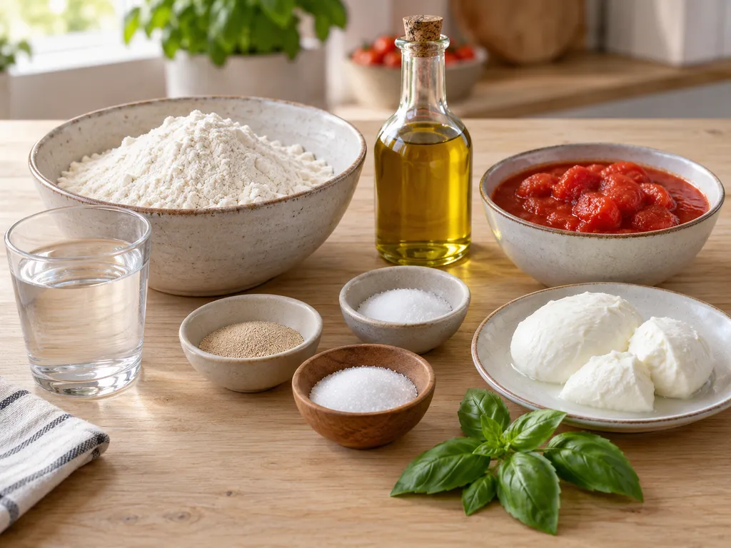 Składniki na pizzę Margherita z mozzarellą, pomidorami i bazylią