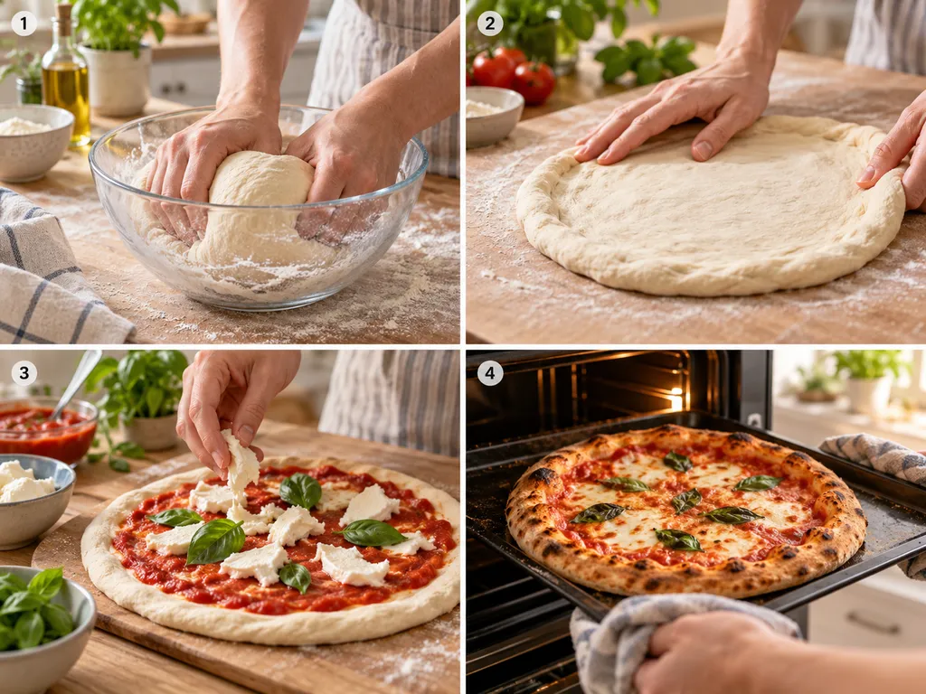 Cztery etapy przygotowania pizzy Margherita od ciasta do pieczenia