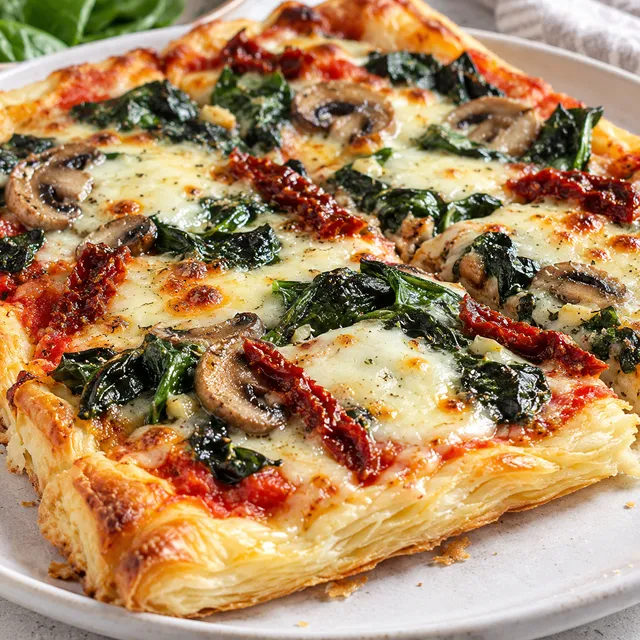 Pizza szpinakowa na cieście francuskim z mozzarellą i pieczarkami