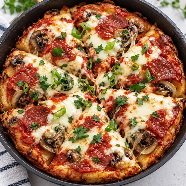 Pizza z patelni z salami, pieczarkami i roztopionym serem