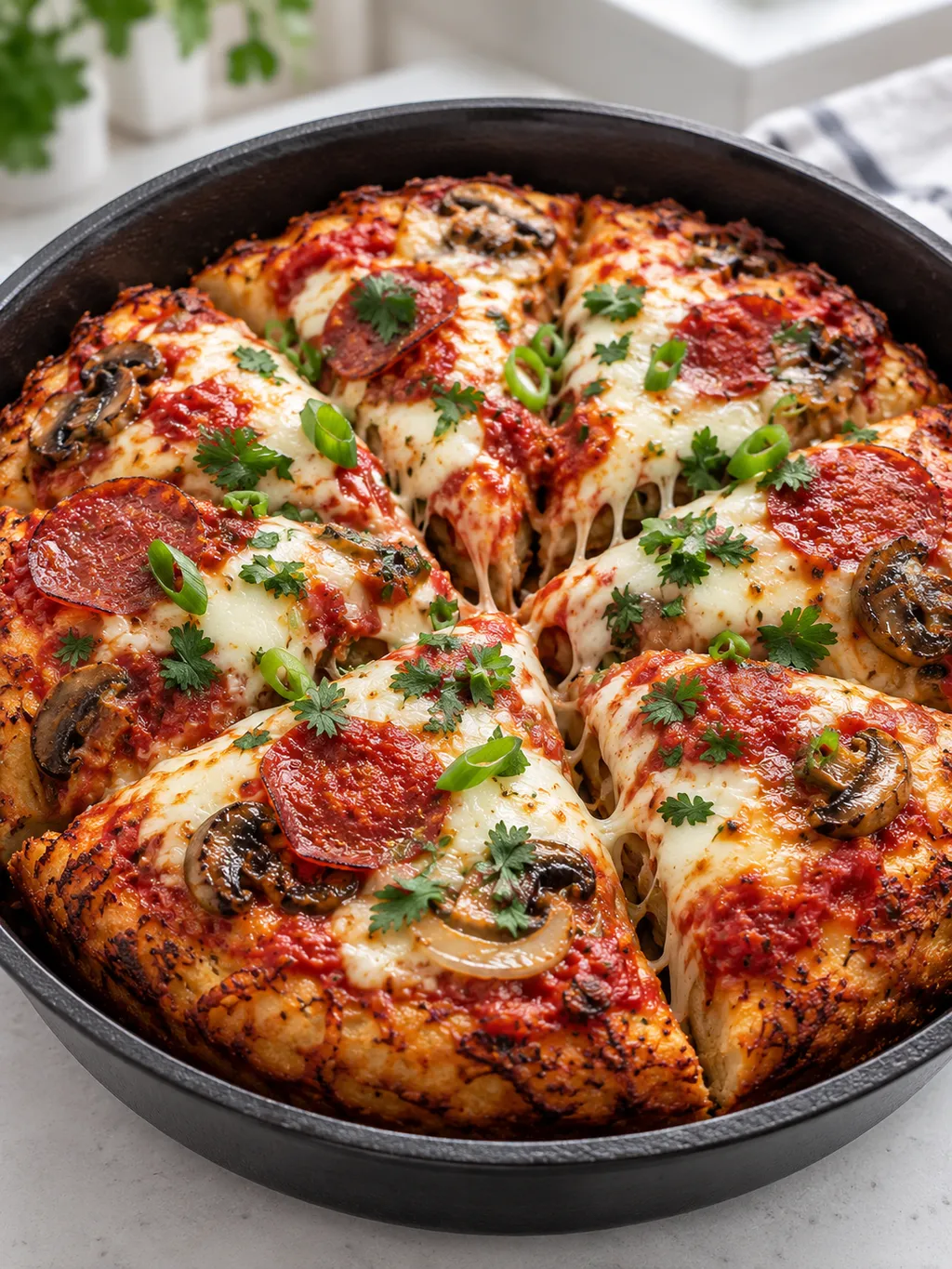 Pizza z patelni z ciągnącym serem, salami i pieczarkami