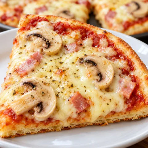 Kawałek pizzy z patelni z szynką, pieczarkami i roztopioną mozzarellą