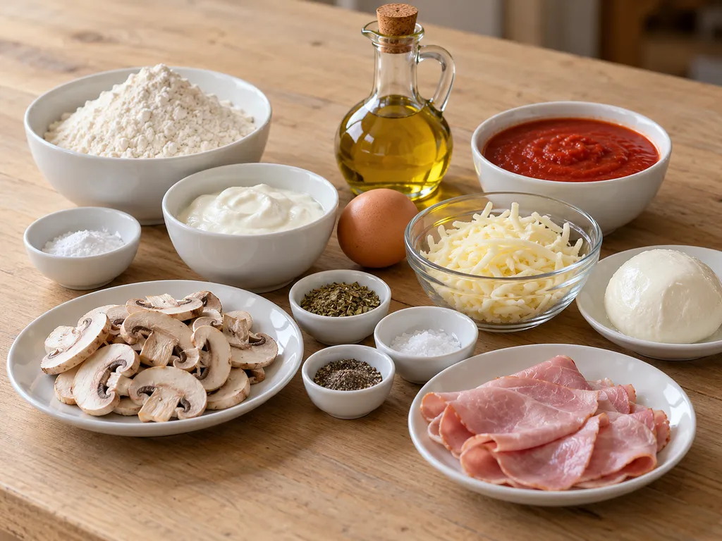 Surowe składniki na pizzę z patelni: mąka, szynka, pieczarki i mozzarella