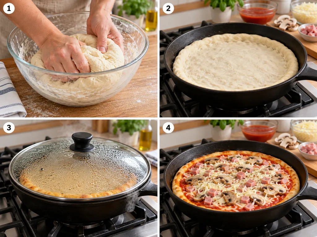Cztery etapy smażenia pizzy z patelni od ciasta do roztopionego sera