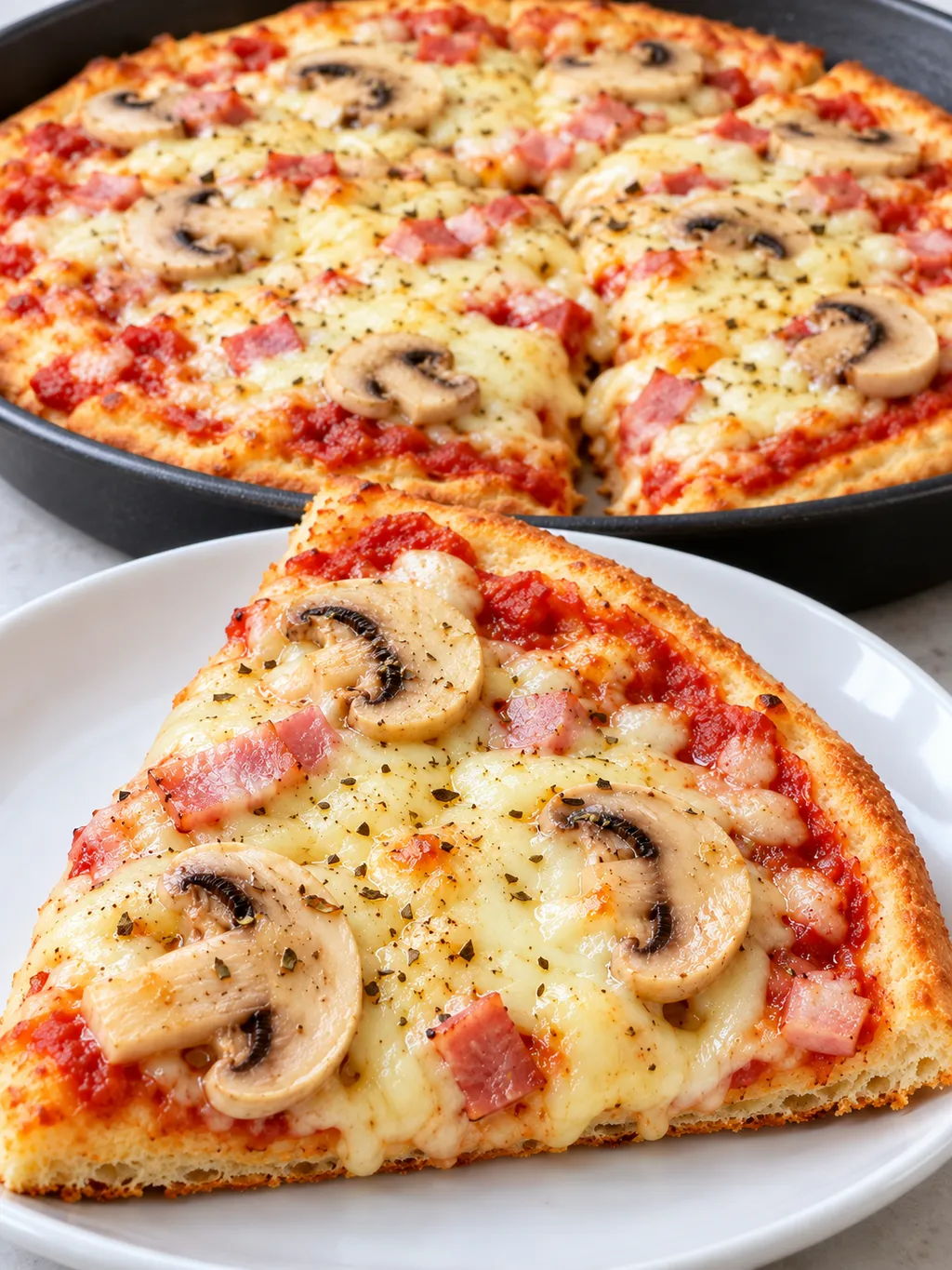 Cała pizza z patelni w garnku i kawałek na talerzu z szynką i mozzarellą