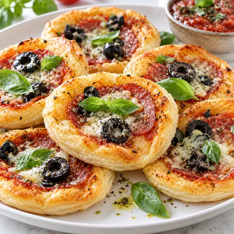 Pizzerinki z ciasta francuskiego z salami, oliwkami i bazylią