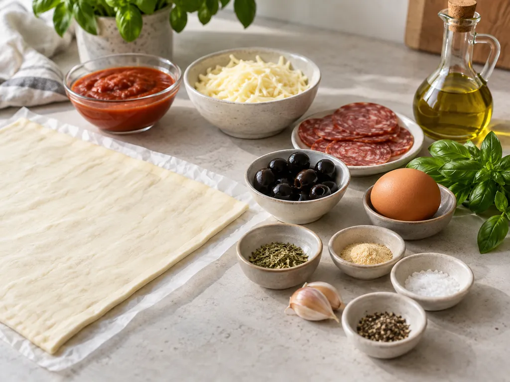 Składniki na pizzerinki z ciasta francuskiego na jasnym blacie