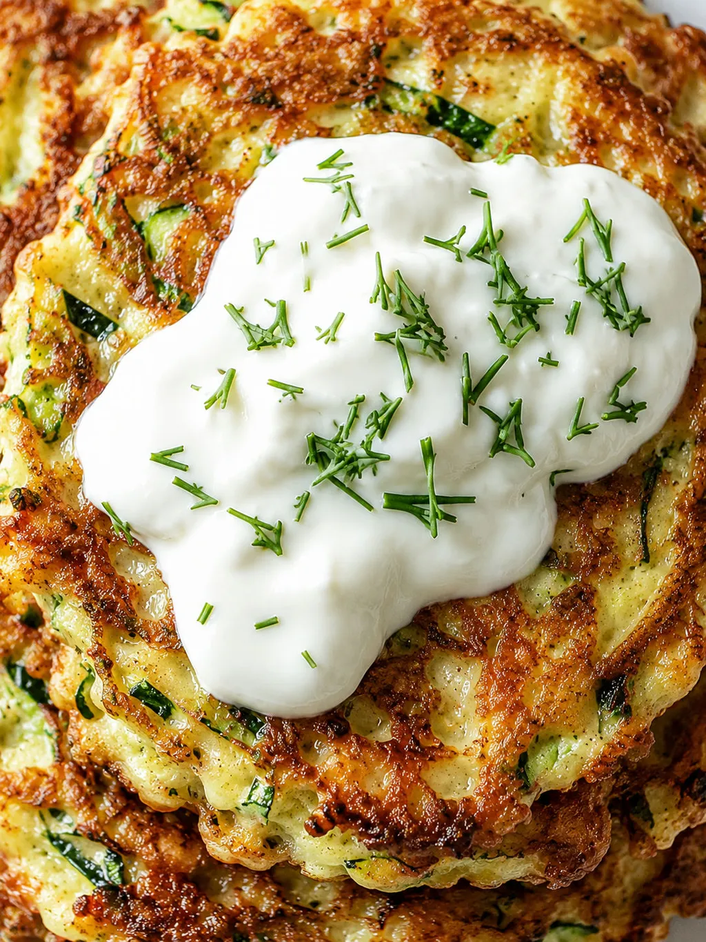 Top-down stack of golden zucchini pancakes with garlic sauce and dill