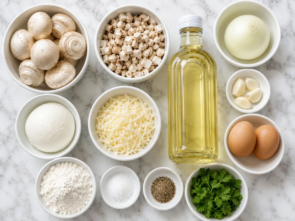 Raw mushrooms, mozzarella, eggs, flour and parsley for savory fritters on a wooden board
