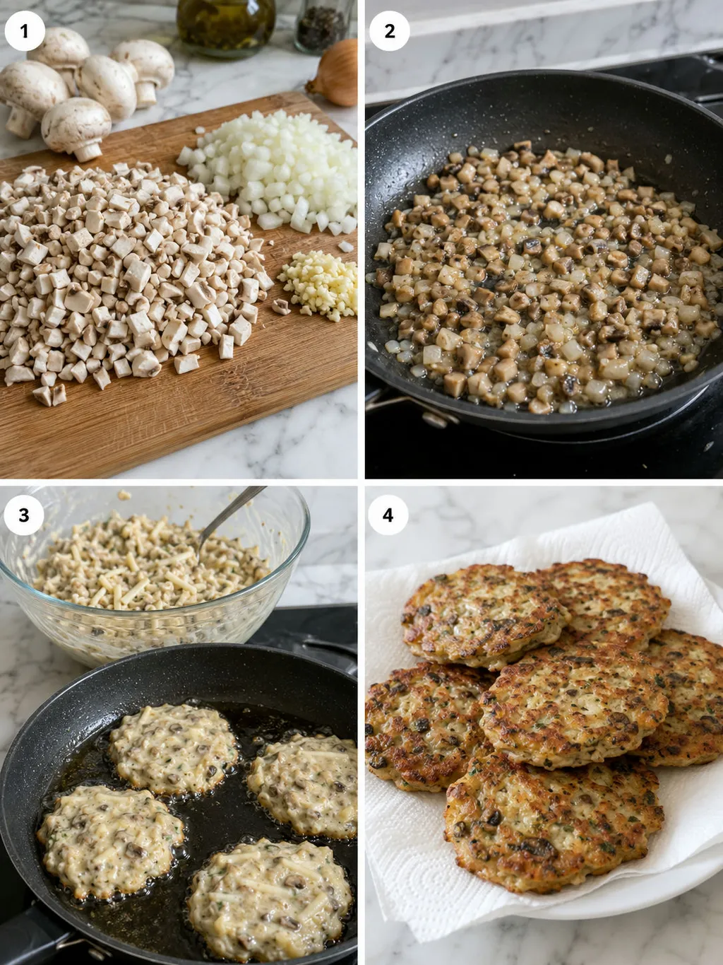 Four steps of making mushroom and mozzarella fritters from chopping to frying