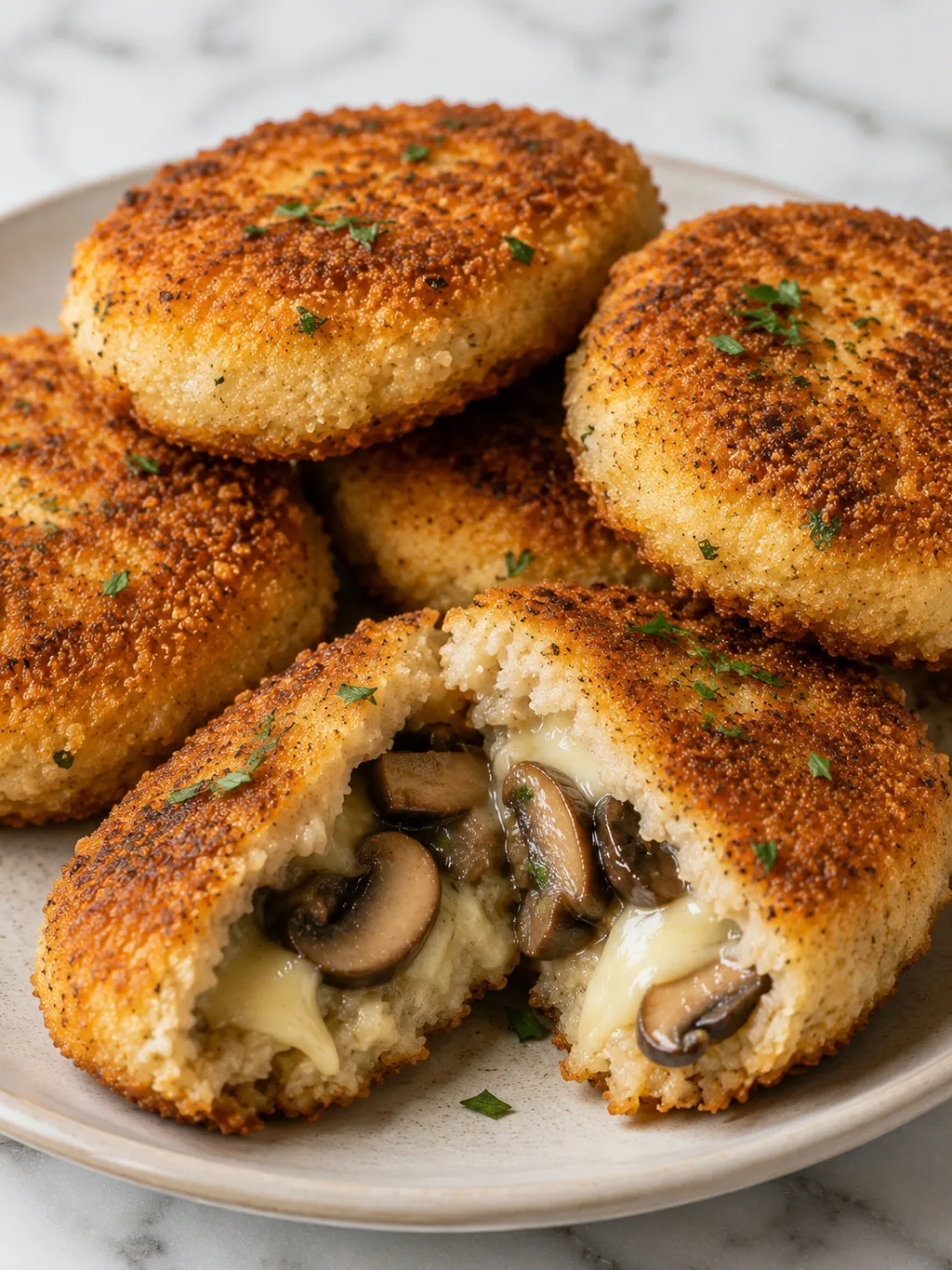 Mushroom and mozzarella fritter torn open showing a stretchy cheese pull