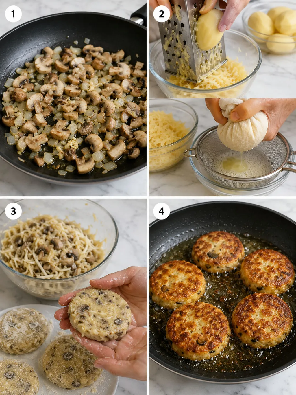 Four steps of making potato pancakes with mushrooms and mozzarella from sautéing to frying