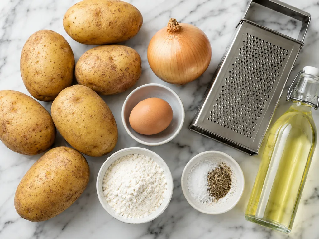 Raw potatoes, onion, egg, flour and a fine grater on a wooden board