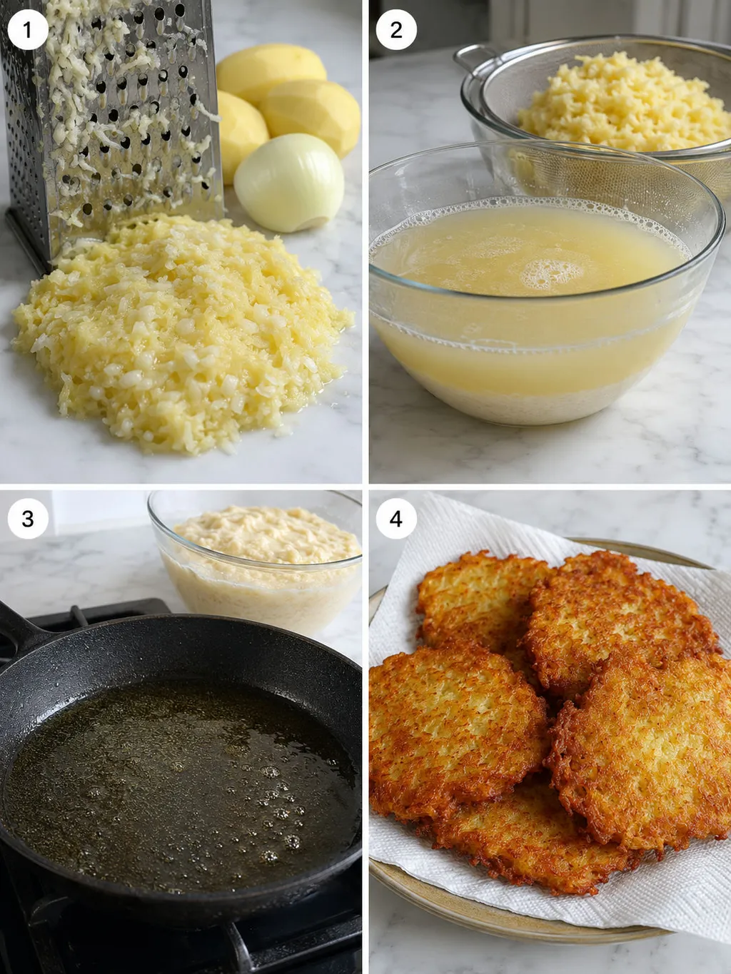 Four steps of making Polish potato pancakes from grating to frying