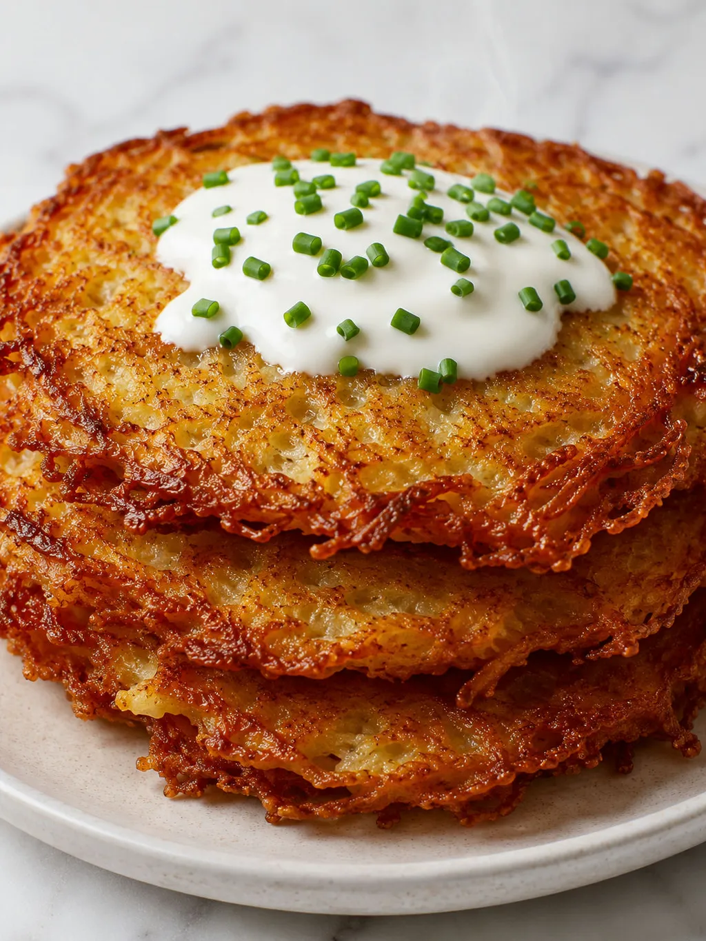 Close-up of crispy golden Polish potato pancakes topped with sour cream and chives