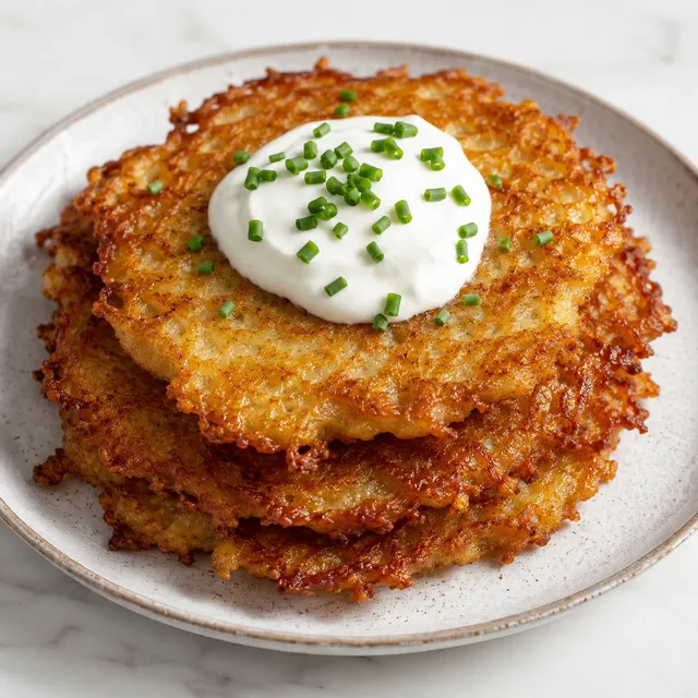 Golden crispy Polish potato pancakes topped with sour cream and chopped chives