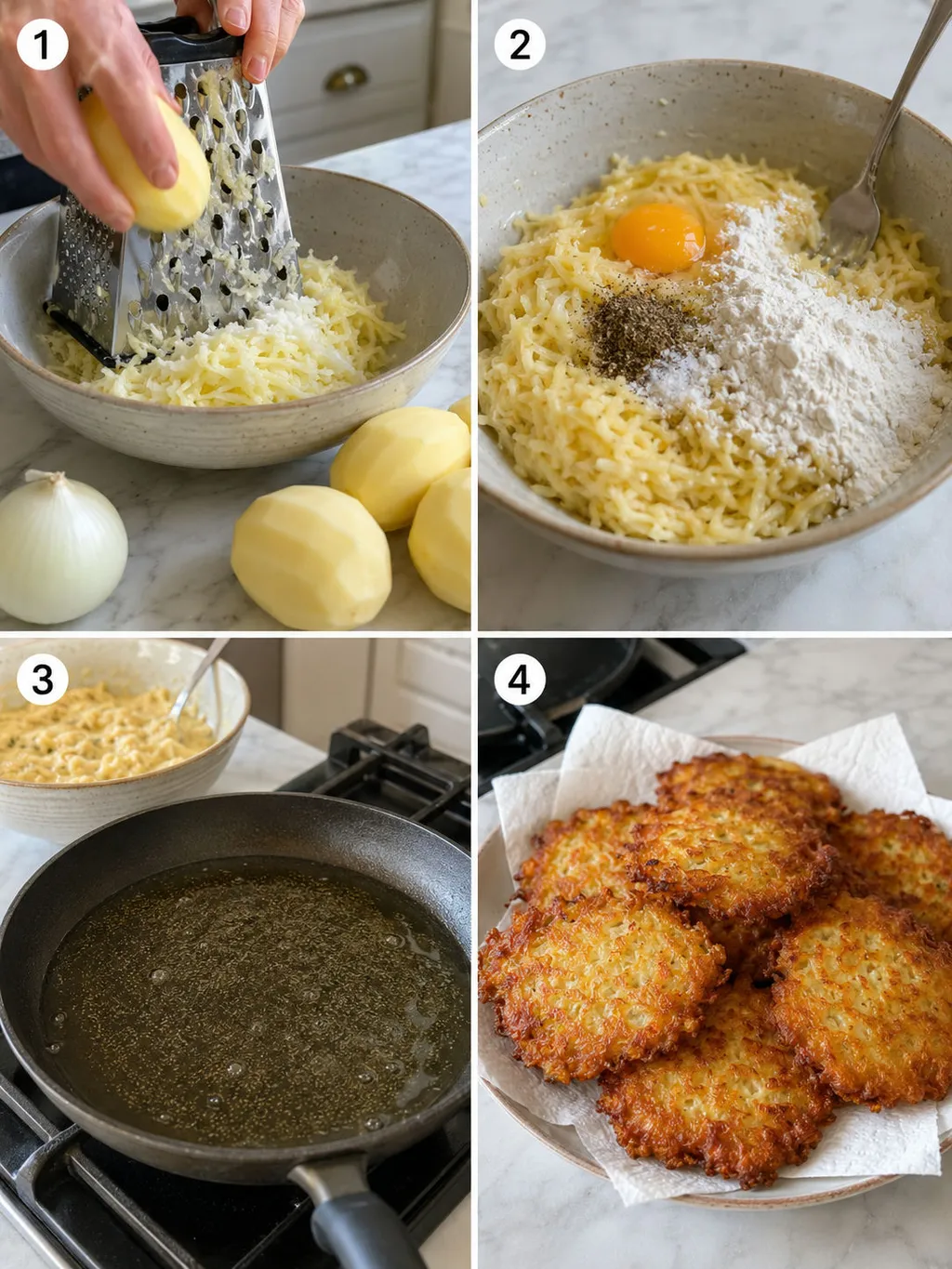 Four steps of making Polish potato pancakes from grating to frying