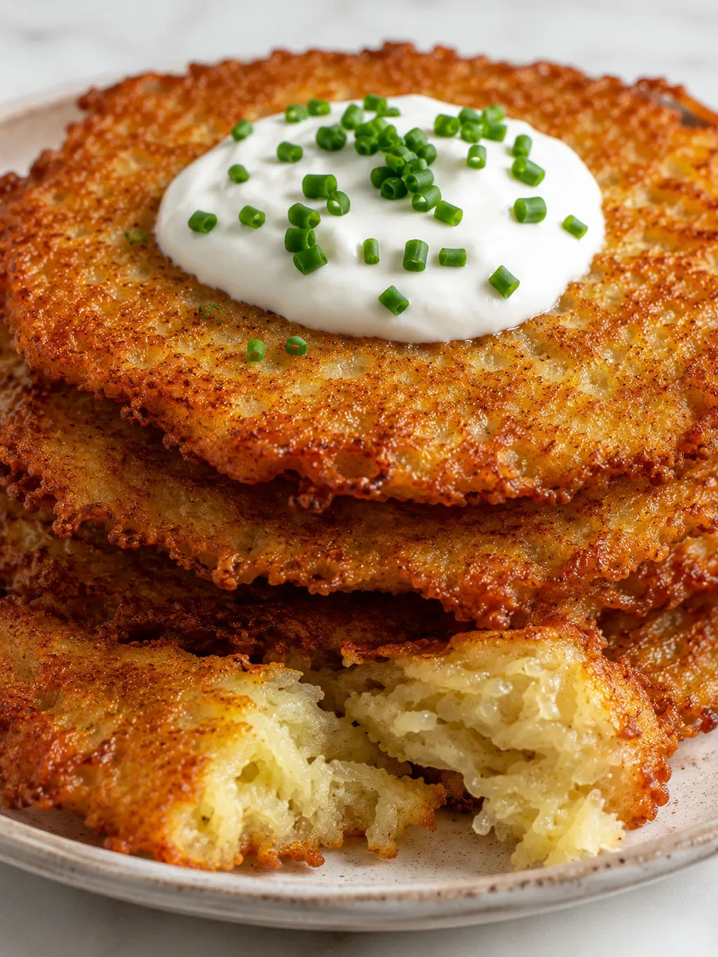 Crispy Polish potato pancake broken open showing soft interior with sour cream