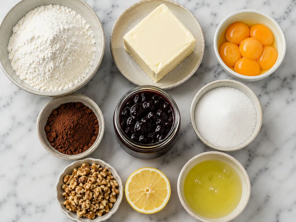 Raw ingredients for Polish pleśniak cake including flour, butter, jam, cocoa and egg whites