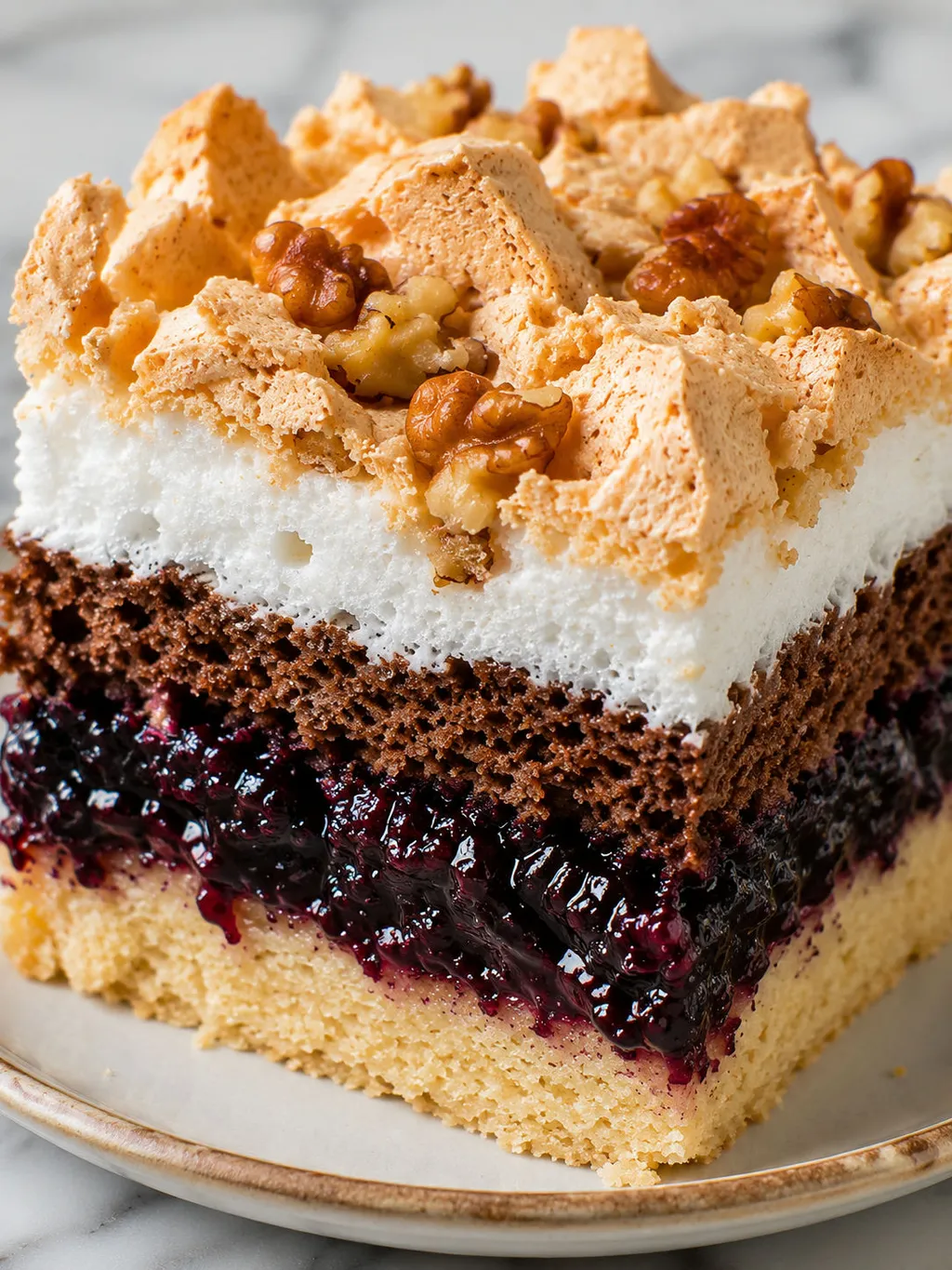 Upright slice of Polish pleśniak cake showing jam, cocoa crumb and meringue layers