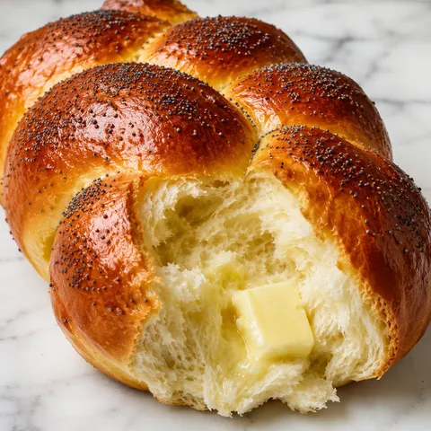 Golden braided Polish chałka bread torn open with butter melting inside
