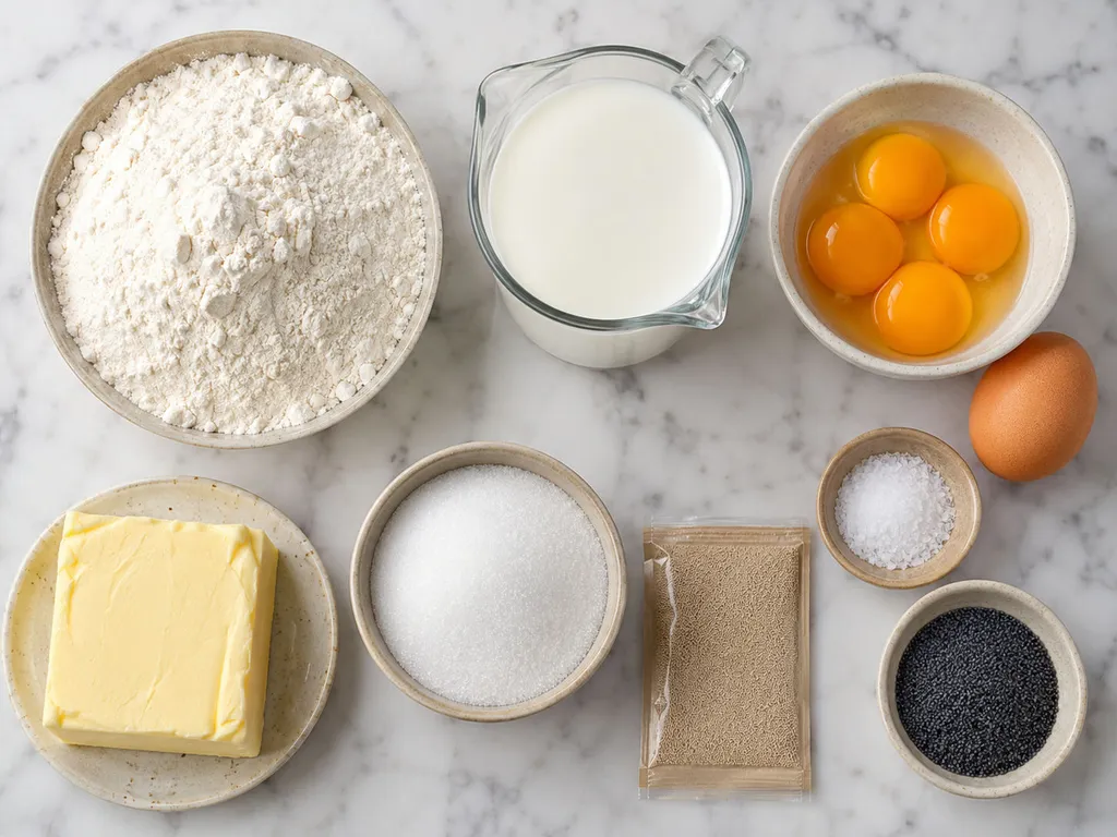 Raw ingredients for Polish chałka bread including flour, eggs, milk and butter