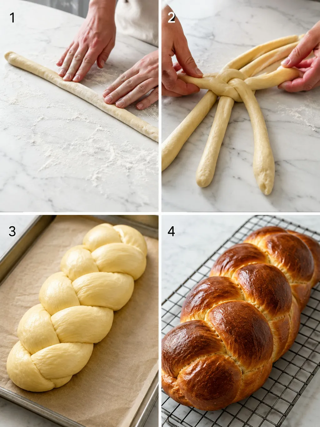 Four steps of shaping, braiding, proofing and baking Polish chałka bread