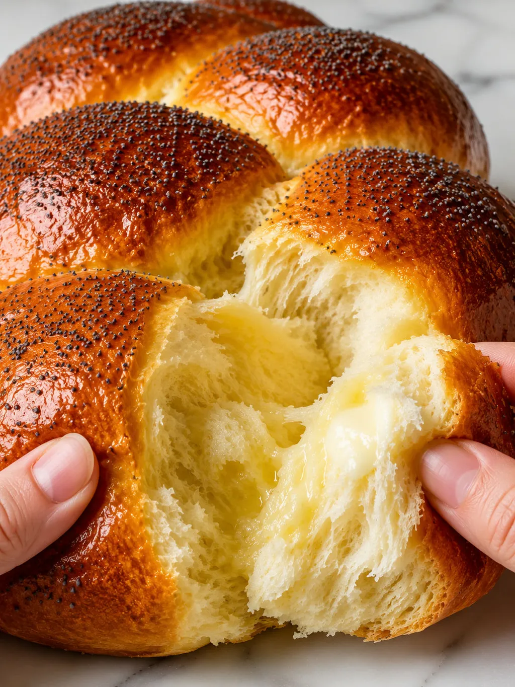 Hand tearing a piece of soft golden Polish chałka bread with melted butter