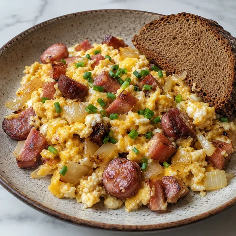 Polish jajecznica scrambled eggs with kielbasa and golden onion on a plate
