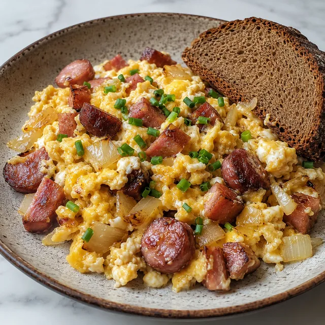 Polish jajecznica scrambled eggs with kielbasa and golden onion on a plate