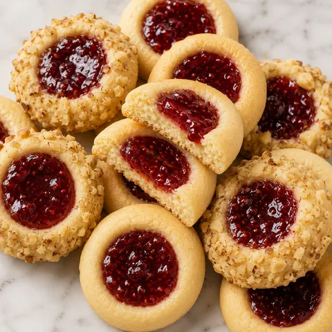 Golden Polish thumbprint cookies filled with glossy raspberry jam on a wooden board