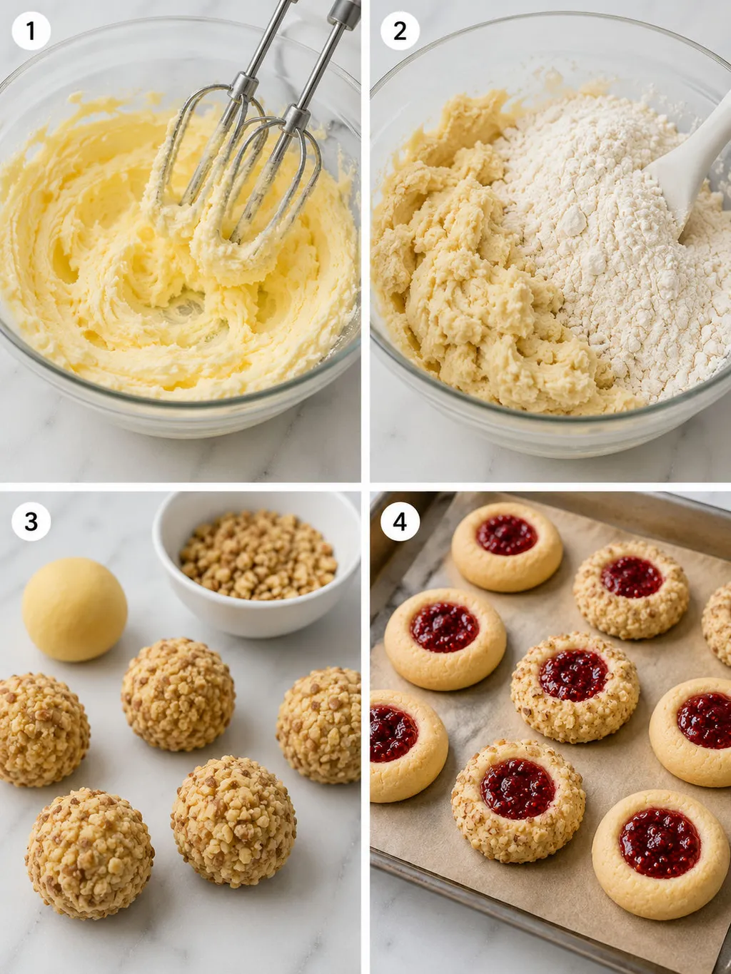Four steps of making Polish thumbprint cookies from creaming butter to baked jam cookies